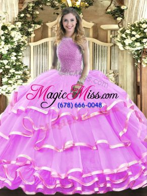 Lilac Organza Lace Up High-neck Sleeveless Floor Length Vestidos de Quinceanera Beading and Ruffled Layers