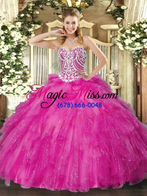 Fuchsia Sleeveless Tulle Lace Up Quinceanera Dress for Military Ball and Sweet 16 and Quinceanera