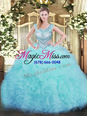 Chic Aqua Blue Ball Gowns Scoop Sleeveless Organza Floor Length Lace Up Beading and Ruffles and Pick Ups Quinceanera Dresses