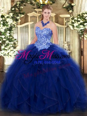 Blue Organza Lace Up Sweetheart Sleeveless Floor Length 15 Quinceanera Dress Appliques and Ruffles