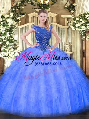 Blue Tulle Zipper Scoop Sleeveless Floor Length Quinceanera Dress Beading and Ruffles