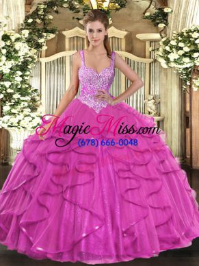 Fuchsia Sleeveless Tulle Lace Up Sweet 16 Dress for Military Ball and Sweet 16 and Quinceanera