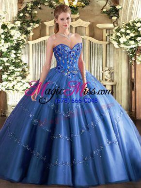 Custom Design Blue Ball Gowns Appliques and Embroidery Quinceanera Gown Lace Up Tulle Sleeveless Floor Length