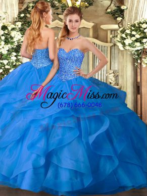 Noble Blue Sleeveless Appliques and Ruffles Floor Length 15 Quinceanera Dress