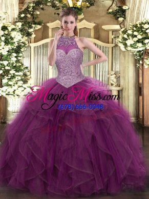 Sleeveless Tulle Floor Length Lace Up Quinceanera Gowns in Burgundy with Beading