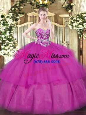 Sweetheart Sleeveless Sweet 16 Dresses Floor Length Beading and Ruffled Layers Fuchsia Organza