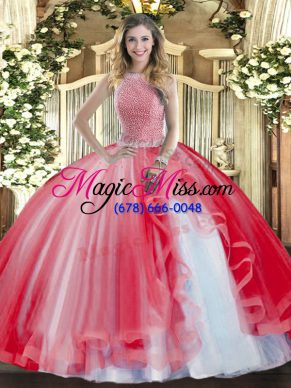 Red High-neck Lace Up Beading and Ruffles 15th Birthday Dress Sleeveless