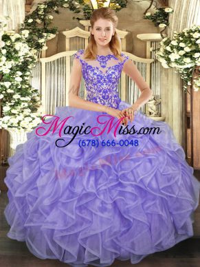 Dynamic Scoop Cap Sleeves Quinceanera Gowns Floor Length Beading and Appliques and Ruffles Lavender Organza