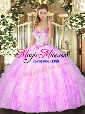 Lilac Ball Gowns Organza Sweetheart Sleeveless Beading and Ruffles Floor Length Lace Up Sweet 16 Quinceanera Dress