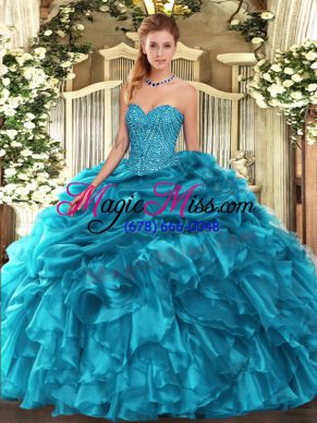 Teal Sweet 16 Dresses Military Ball and Sweet 16 and Quinceanera with Beading and Ruffles and Pick Ups Sweetheart Sleeveless Lace Up