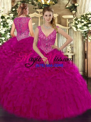 Fuchsia Organza Zipper V-neck Sleeveless Floor Length Quinceanera Dresses Beading and Ruffles