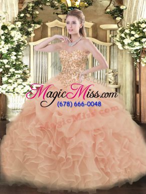 Sophisticated Peach Ball Gowns Sweetheart Sleeveless Organza Floor Length Lace Up Appliques and Ruffles and Pick Ups Quinceanera Gown