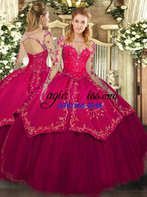 Scoop Long Sleeves Sweet 16 Dress Floor Length Lace and Embroidery Wine Red Organza and Taffeta