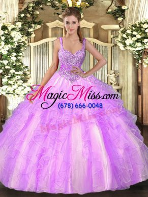 Fitting Lilac Straps Lace Up Beading and Ruffles Quinceanera Dress Sleeveless