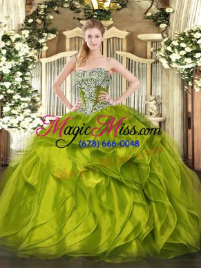 Glorious Olive Green Strapless Neckline Beading and Ruffled Layers 15th Birthday Dress Sleeveless Lace Up