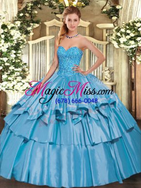 Delicate Floor Length Baby Blue 15th Birthday Dress Organza and Taffeta Sleeveless Beading and Ruffled Layers