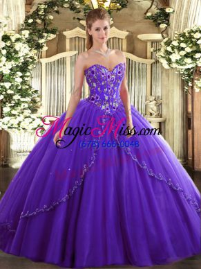 Sweetheart Sleeveless Brush Train Lace Up Ball Gown Prom Dress Purple Tulle