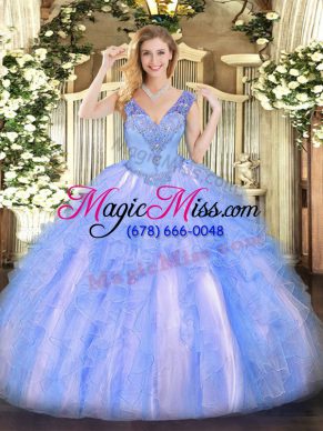 Graceful Light Blue Ball Gowns V-neck Sleeveless Organza Floor Length Lace Up Beading and Ruffles Quinceanera Dresses