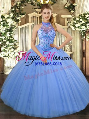 Halter Top Sleeveless Lace Up Quinceanera Gown Baby Blue Tulle