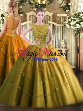 Sleeveless Tulle Floor Length Zipper Sweet 16 Dress in Brown with Beading and Appliques