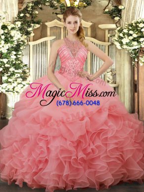 Luxury Watermelon Red Ball Gowns Halter Top Sleeveless Organza Floor Length Lace Up Beading and Ruffles and Pick Ups 15th Birthday Dress