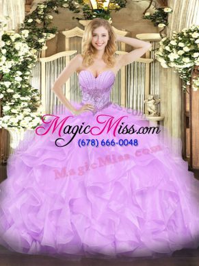 Nice Sleeveless Organza Floor Length Lace Up Sweet 16 Quinceanera Dress in Lavender with Beading and Ruffles