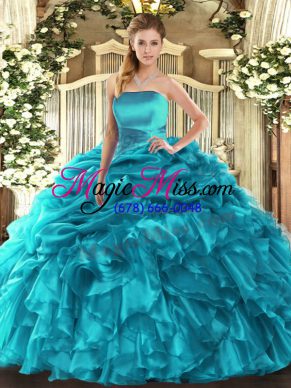 Hot Selling Teal Sleeveless Floor Length Ruffles and Pick Ups Lace Up Vestidos de Quinceanera