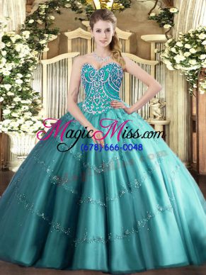 Teal Ball Gowns Beading and Appliques 15 Quinceanera Dress Lace Up Tulle Sleeveless Floor Length