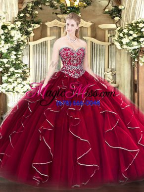 Sleeveless Tulle Floor Length Lace Up Quinceanera Dress in Wine Red with Beading and Ruffles