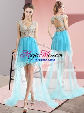 Aqua Blue Sleeveless Tulle Sweep Train Lace Up Prom Dress for Prom and Party