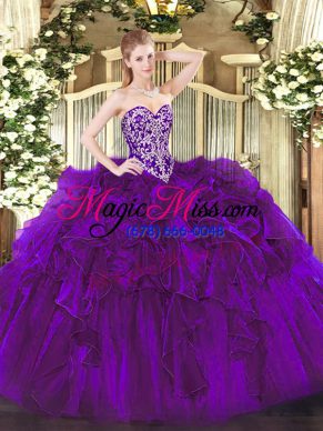 Charming Purple Sweetheart Lace Up Beading and Ruffles Quinceanera Gown Sleeveless