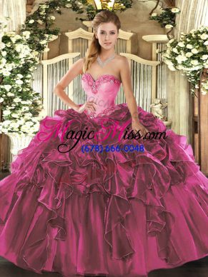 Fuchsia Ball Gowns Organza Sweetheart Sleeveless Beading and Ruffles Floor Length Lace Up Quinceanera Gown