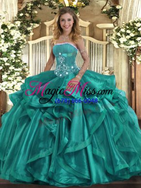 Edgy Turquoise Sleeveless Organza Lace Up Quinceanera Gowns for Military Ball and Sweet 16 and Quinceanera