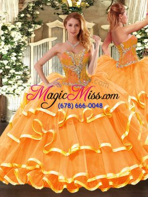 Beading and Ruffled Layers Quince Ball Gowns Orange Lace Up Sleeveless Floor Length