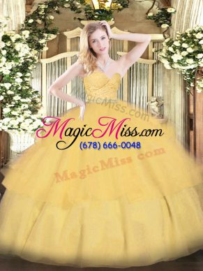 Gold Sleeveless Beading and Lace and Ruffled Layers Floor Length Quinceanera Dress