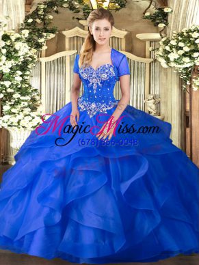 Floor Length Lace Up 15 Quinceanera Dress Blue for Military Ball and Sweet 16 and Quinceanera with Beading and Ruffles