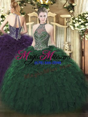 Adorable Taffeta Halter Top Sleeveless Lace Up Beading and Ruffles Sweet 16 Dress in Dark Green