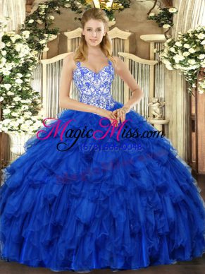 Floor Length Royal Blue Sweet 16 Quinceanera Dress Organza Sleeveless Beading and Ruffles