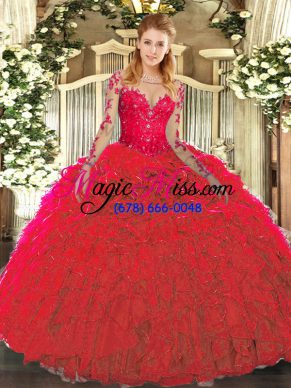 Popular Red Organza Lace Up Scoop Sleeveless Floor Length Quinceanera Dress Lace and Ruffles