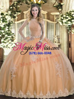 Floor Length Peach Sweet 16 Dress Tulle Sleeveless Beading and Appliques