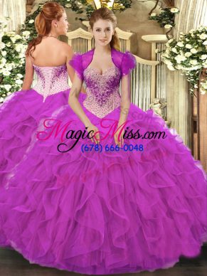 Noble Beading and Ruffles Sweet 16 Dresses Fuchsia Lace Up Sleeveless Floor Length