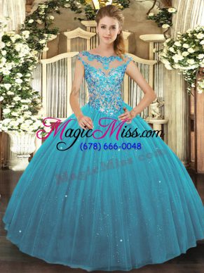 Deluxe Teal Tulle Lace Up Scoop Sleeveless Floor Length Vestidos de Quinceanera Beading