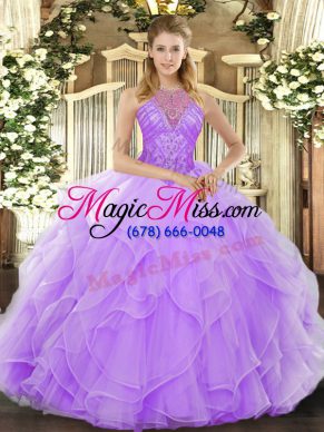 Captivating Lavender Lace Up High-neck Beading and Ruffles Quinceanera Gowns Organza Sleeveless