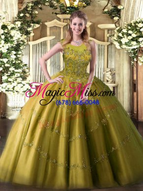 Scoop Sleeveless Zipper Sweet 16 Dress Olive Green Tulle