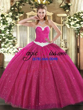 Hot Pink Tulle Lace Up 15th Birthday Dress Sleeveless Floor Length Appliques