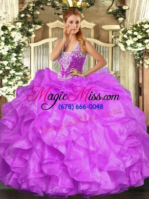 Organza Straps Sleeveless Lace Up Beading and Ruffles Vestidos de Quinceanera in Lilac