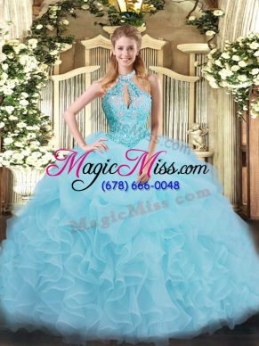 Organza Halter Top Sleeveless Lace Up Beading and Ruffles Quinceanera Dress in Aqua Blue