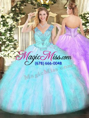 Romantic V-neck Sleeveless Lace Up Sweet 16 Dress Aqua Blue Organza