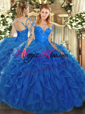 Gorgeous Blue Tulle Lace Up Sweet 16 Dresses Long Sleeves Floor Length Lace and Ruffles