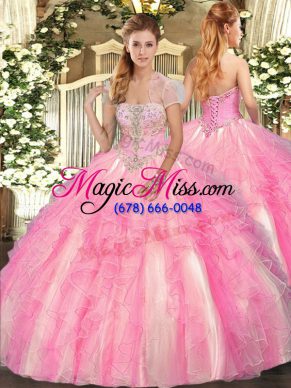 Adorable Rose Pink Ball Gowns Tulle Strapless Sleeveless Appliques and Ruffles Floor Length Lace Up Sweet 16 Dress